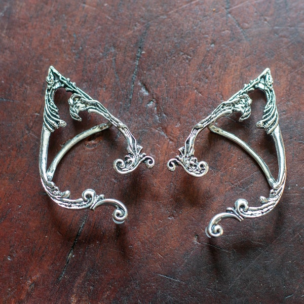 Silver Elf Ear, Elf Ear Cuff for Pierced Ears, Elf Earrings, Fairy Ears, Fairy Ear Cuff, Rhinestone Fairy Ear Cuff, Rhinestone Elf Ears