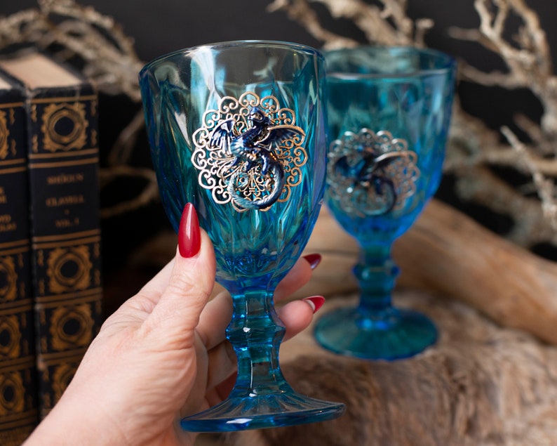 Blue Dragon Glass Goblet Set, Vintage Upcycled Goblets, Fairytale Wedding Glasses, Fantasy Wedding, Hand Fasting image 3
