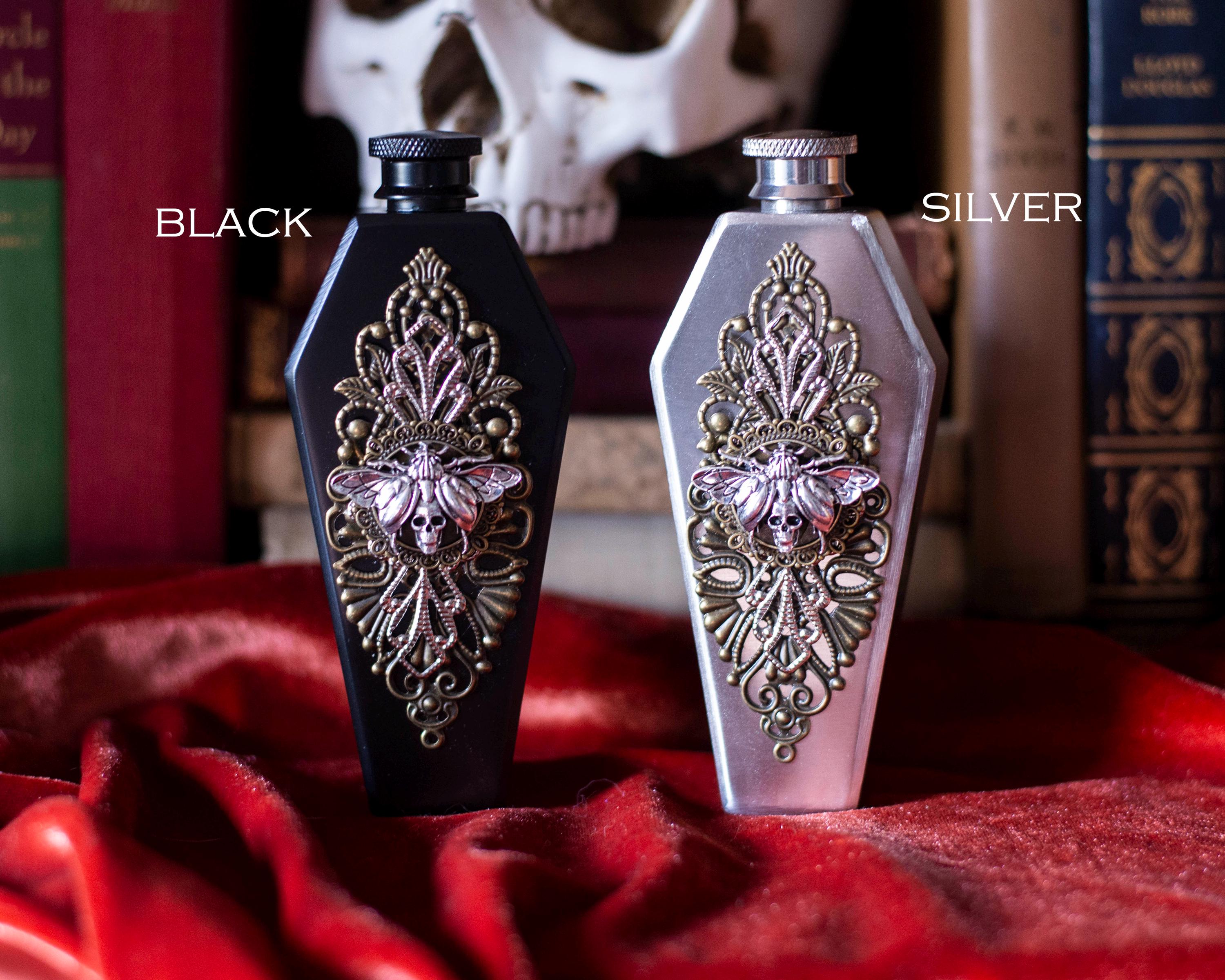 Deaths Head Moth Coffin Flask, Gothic Vampire Wedding Gift