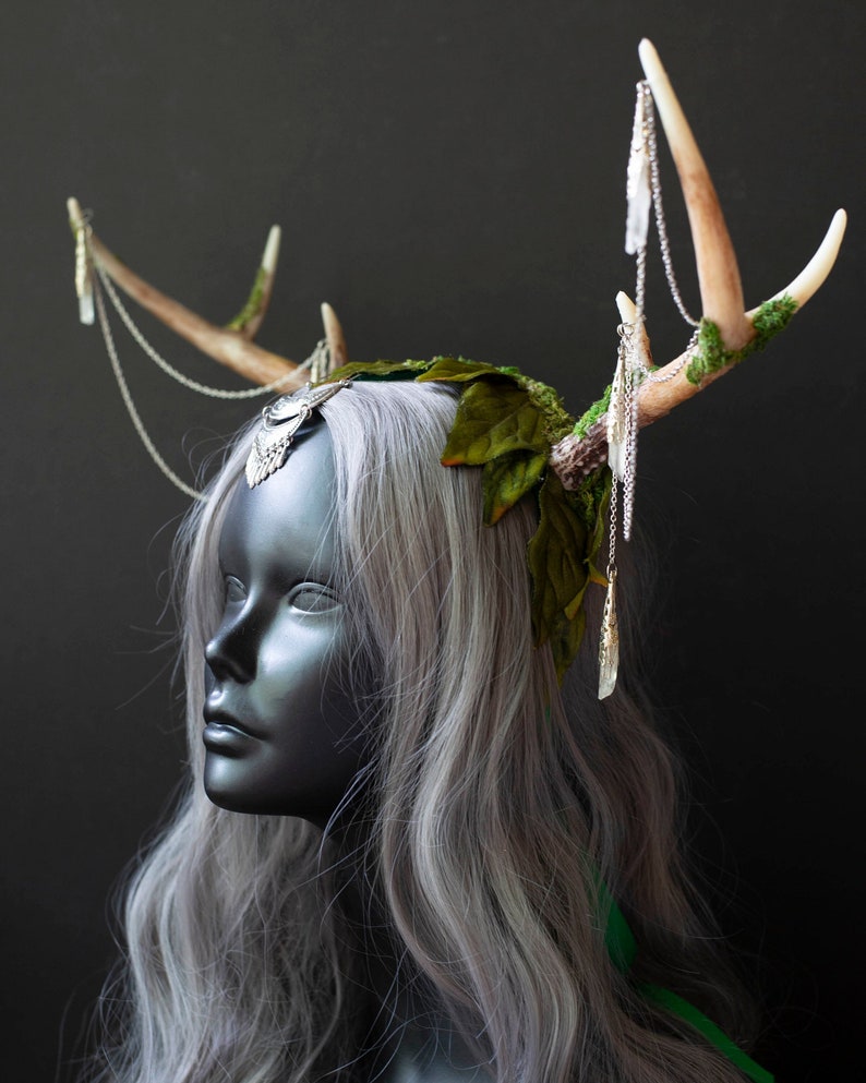 Elegant Faux Deer Antler Headdress Moss, Silk Leaves, Crystals Fantasy Costume Accessory for Festivals, Weddings, and More image 2