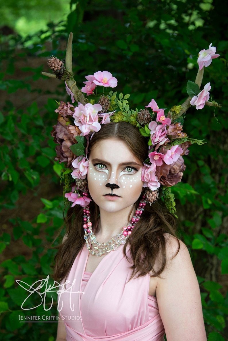 Antler Headdress, Pink Flower Crown, Horned Headdress, Faun Costume, Festival Headdress, Hand Fasting, Fairytale Wedding, Fairy Costume image 1