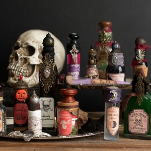 Halloween Potion Bottles, Witch Potions, Halloween Decor, Altered Glass Bottle, Altar Decor, Wizard Potion, Halloween Party