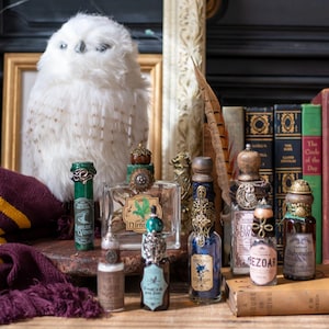 May include: A collection of apothecary bottles with ornate stoppers, a plush white owl, and a burgundy and gold scarf. The bottles vary in size and shape, with labels and decorative elements. Books and a framed picture are in the background.