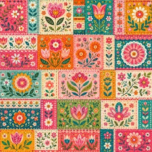 May include: A patchwork fabric design featuring a grid of rectangular panels with various floral illustrations. The pattern displays colorful flowers, including tulips, daisies, and sunflowers, in shades of pink, orange, yellow, teal, and green.