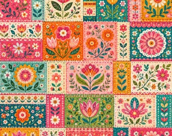 Patchwork Scandinavian Flower Print Cotton Fabric - Perfect for Quilting & Crafts (Half Yard)