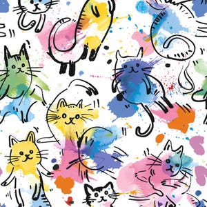 Könnte beinhalten: Ein sich wiederholendes Muster mit handgezeichneten schwarzen Tintenumrissen von Katzen, die mit leuchtenden, mehrfarbigen Aquarellspritzern überlagert sind. Die Katzen sind in verschiedenen Posen vor einem weißen Hintergrund mit blauen, gelben, rosa und orangen Farbspritzern dargestellt.