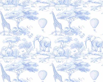 Tissu en coton bleu Safari avec animaux, toile, éléphant, girafe, dessin animé, tissu 100 % coton, tissu de courtepointe pour chambre d'enfant, un demi-mètre