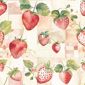 May include: A repeating pattern of watercolor strawberries with green leaves set against a background of cream and pale pink patchwork squares. The design features various sizes of red strawberries with visible seeds and stems across the grid.
