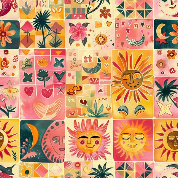 Folk Art Boho Patchwork Sun Face Crescent Moon Print Cotton Fabric - Perfect for Quilting & Crafts (Half Yard)