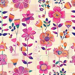 May include: A seamless pattern featuring stylized flowers in shades of hot pink, orange, and purple against a cream background. The design includes various floral shapes, stems, and leaves, interspersed with small geometric squares and dashed lines.