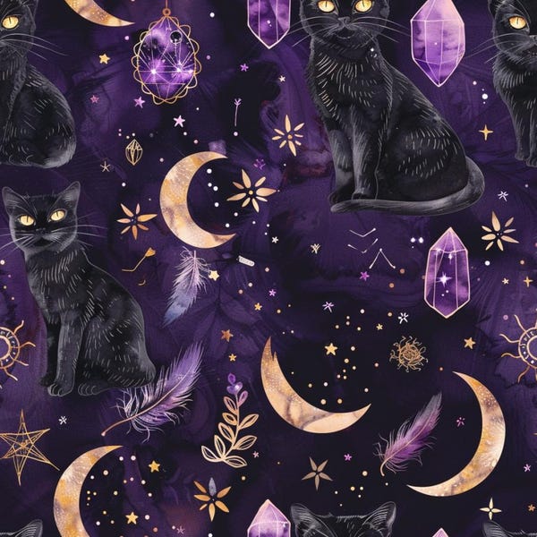 Black Cat Moon Crystal Print Cotton Fabric - Perfect for Quilting & Crafts (Half Yard)