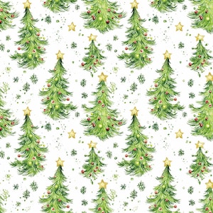 May include: Watercolor pattern featuring green Christmas trees adorned with red and green ornaments, topped with gold stars. The trees are set against a white background with scattered snowflakes and gold stars, creating a festive holiday design.