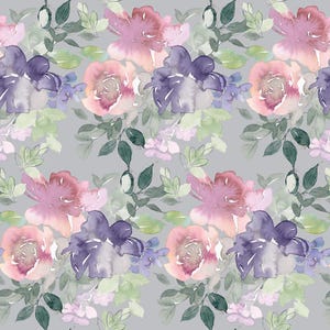 May include: A seamless pattern featuring watercolor-style flowers in shades of soft pink, deep purple, and muted green against a solid light gray background. The floral design includes layered petals and foliage arranged in a repeating motif.
