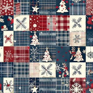 Könnte beinhalten: Ein Stoffmuster mit einem Raster aus Quadraten mit abwechselnden Designs, darunter rot-blaues Karomuster, weiße Schneeflocken, cremefarbene Weihnachtsbäume, Stechpalmenbeeren und Strümpfe in einer festlichen Farbpalette aus Dunkelrot, Marineblau und Creme.