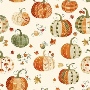 May include: A seamless pattern featuring various pumpkins in shades of orange, green, and cream. Each pumpkin displays unique geometric textures, stripes, and patterns. Small autumn leaves, berries, and swirling vine accents are scattered throughout.