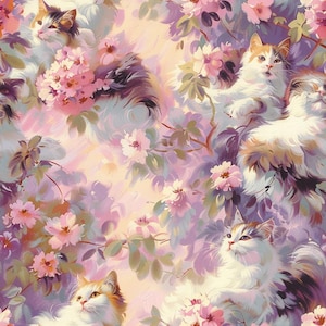 Könnte beinhalten: Ein sich wiederholendes Muster mit langhaarigen Glückskatzen, durchsetzt mit Büscheln aus rosa und weißen Blüten. Der Hintergrund besteht aus weichen, vermischten Farbtönen in Lavendel, Pfirsich und Creme, was eine malerische Ästhetik erzeugt.