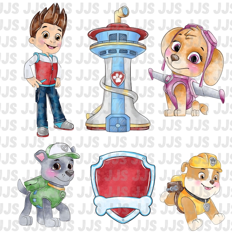 Op de afbeelding: Waterverfillustraties van personages en elementen uit de animatieserie. Bevat een jongen in een rood-witte jas, een uitkijktoren, een hond in een roze outfit, een hond in een groene outfit, een schild en een hond in een gele outfit.
