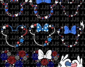 May include: A collection of patriotic-themed Mickey Mouse head designs. The designs incorporate red, white, and blue elements, including stars, bows, and fireworks. Some designs feature a bow, while others include a fairy silhouette. The background is black.
