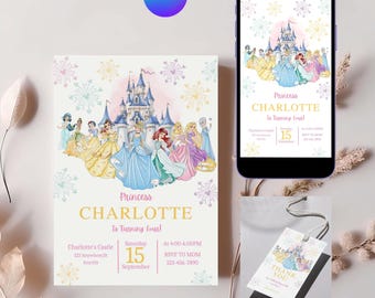 Editable Princess 4th Birthday Invitation, Royal Watercolor Theme Party, Princess Canva Template, Princess invite, Instant Digital Download