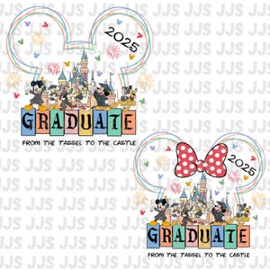 Op de afbeelding: Twee afstudeerontwerpen met Disney-personages. Eén ontwerp heeft een Mickey Mouse-oorschets met de tekst "2025". Het andere ontwerp heeft een Minnie Mouse-strik met de tekst "2025". Beide ontwerpen bevatten het woord "GRADUATE".