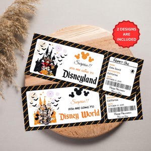 May include: Two Halloween-themed Disneyland and Disney World tickets. The tickets have a black and orange striped border, with Mickey Mouse silhouettes and castle illustrations. The tickets read "Surprise!! You are going to Disneyland/Disney World."