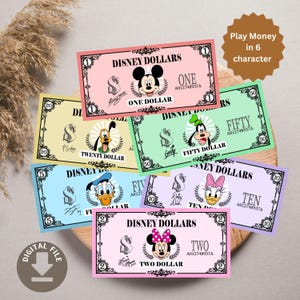 May include: A collection of six colorful Disney Dollars play money bills featuring Mickey Mouse, Minnie Mouse, Donald Duck, Daisy Duck, Goofy, and Pluto. Each bill displays a character, a dollar value, and the text Disney Dollars in black ink.