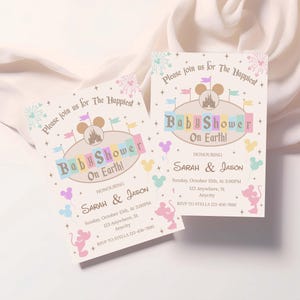 May include: Two baby shower invitations with a Disney theme. The invitations feature pastel colors, Mickey Mouse silhouettes, and the text "Baby Shower On Earth!" The invitations include the names Sarah & Jason, date, time, and location.