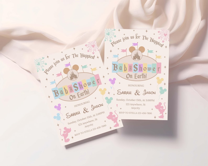 May include: Two baby shower invitations with a Disney theme. The invitations feature pastel colors, Mickey Mouse silhouettes, and the text "Baby Shower On Earth!" The invitations include the names Sarah & Jason, date, time, and location.