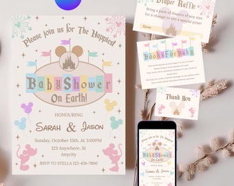 Mouse Baby Shower Invitation, Happy Baby Shower invite, Books for Baby, Diaper Raffle Set, Instant Download
