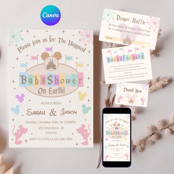 Mouse Baby Shower Invitation, Happy Baby Shower invite, Books for Baby, Diaper Raffle Set, Instant Download