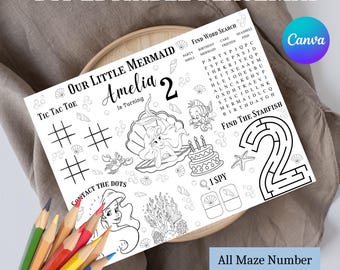Little Mermaid Birthday coloring page, Placemat, Mermaid favors, Printable, Personalized
