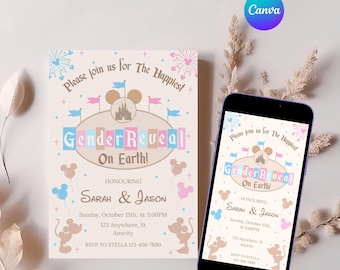Uitnodiging Happiest Gender Reveal On Earth, Mouse Gender Reveal-uitnodiging, Mickey en Minnie Gender Reveal, digitaal, afdrukbaar