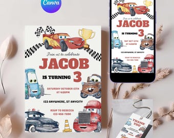 Autos-Geburtstagseinladung, Junge Geburtstag einladen, Rennautos, Kinder-Geburtstagseinladung, bearbeitbare personalisierte Canva Digitale Einladung