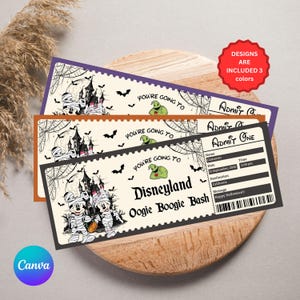 Puede incluir: Tres boletos rectangulares para eventos con bordes festoneados con temática de Halloween. Los boletos muestran ilustraciones de un castillo embrujado, murciélagos, telarañas y personajes disfrazados de momias. El texto incluye "You're Going To Disneyland Oogie Boogie Bash" y "Admit One" con campos para nombre, fecha, hora y destino.