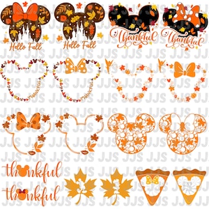 Puede incluir: Una colección de diseños gráficos digitales con siluetas de orejas de Mickey Mouse, hojas de otoño, calabazas y lazos en naranja, marrón y negro. Los elementos de texto incluyen Hello Fall y Thankful. Los diseños están en cuadrícula.