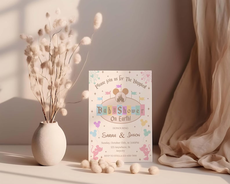 May include: A baby shower invitation with a pastel color scheme and Disney theme. The invitation features the text "Baby Shower On Earth!" and includes the names Sarah & Jason. The invitation is decorated with Mickey Mouse silhouettes and a castle.