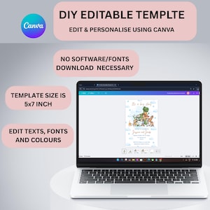 May include: A laptop displays a customizable invitation template with the text "It's a boy story." The template size is 5x7 inches. The design features illustrations of animals and clouds. The Canva logo is visible.