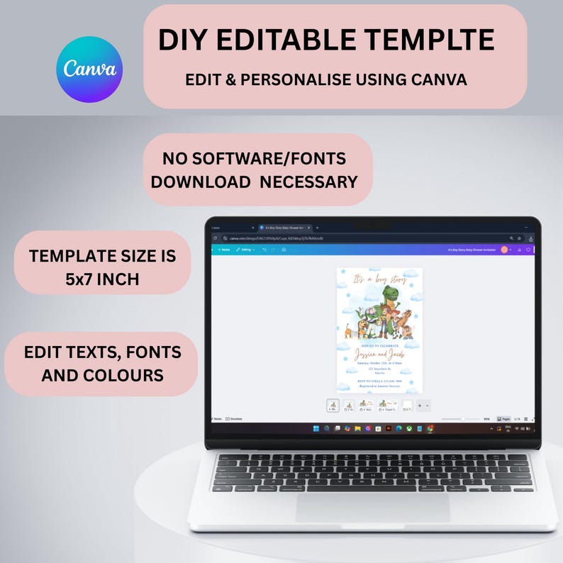 May include: A laptop displays a customizable invitation template with the text "It's a boy story." The template size is 5x7 inches. The design features illustrations of animals and clouds. The Canva logo is visible.