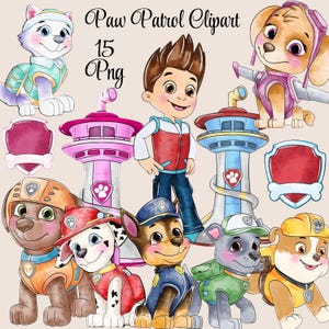 May include: A collection of watercolor-style Paw Patrol clipart images. The image includes cartoon illustrations of the Paw Patrol characters, Ryder, and two lookout towers. The text "Paw Patrol Clipart 15 Png" is at the top.