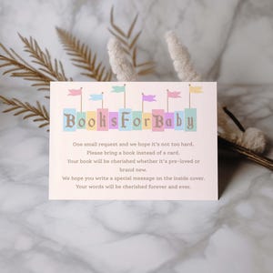 May include: A rectangular baby shower invitation with the text "Books For Baby" in pastel colors. The invitation includes a request for guests to bring a book instead of a card, with additional text about cherishing the books and messages.