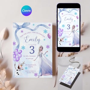 May include: A birthday invitation and matching tag featuring a princess theme. The invitation is light blue with purple accents, snowflakes, and a bow. The text reads "Emily is turning 3." A smartphone displays the same design.