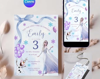 Invito di compleanno della principessa di ghiaccio, invito per festa della principessa, modello acquerello per il terzo terzo, invito digitale per festa di compleanno per ragazze, qualsiasi età