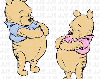 Classic Winnie the Pooh PNG, Pooh with pink blue girl boy, Hand drawn Pooh bear belly clipart