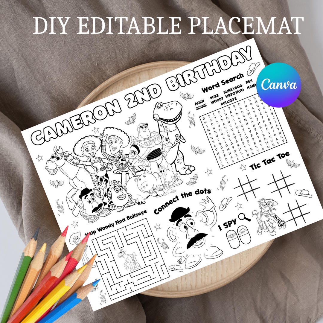Toy Story Birthday Party Activity Sheet, Woody Party Coloring, Birthday Party Placemat (Di