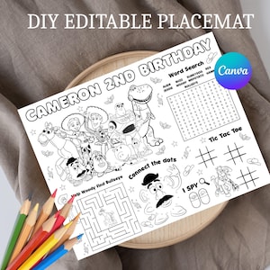 May include: A black and white printable activity placemat featuring Toy Story characters, a word search, a maze, and tic-tac-toe games. The text reads CAMERON 2ND BIRTHDAY, Word Search, Connect the dots, and I SPY. Includes coloured pencils.
