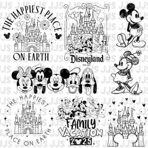Puede incluir: Dibujos lineales en blanco y negro con varios diseños temáticos de Disney. Incluye imágenes de Mickey y Minnie Mouse, el Pato Donald, Goofy y un castillo. El texto incluye "The Happiest Place on Earth", "Disneyland" y "Family Vacation 2025".