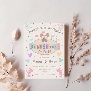 May include: A baby shower invitation with a pastel color scheme. The invitation features the text "Baby Shower On Earth!" and includes the names "Sarah & Jason". Decorative elements include Mickey Mouse silhouettes and fireworks.