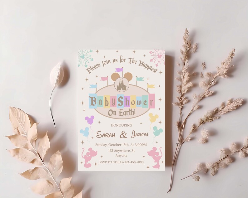 May include: A baby shower invitation with a pastel color scheme. The invitation features the text "Baby Shower On Earth!" and includes the names "Sarah & Jason". Decorative elements include Mickey Mouse silhouettes and fireworks.