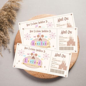 Puede incluir: Tres boletos rectangulares de papel con fondo crema, que presentan el texto Your Exclusive Invitation To, Admit One, y nombres como Anneland y Leoland. El diseño incluye siluetas de castillos marrones, fuegos artificiales y códigos de barras.