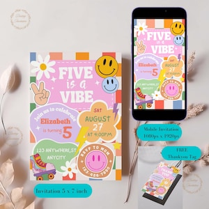 May include: A colorful birthday invitation with the text "FIVE is a VIBE" and details for a party on August 27th. Includes a roller skate graphic, smiley faces, and a matching thank you tag. The invitation is 5 x 7 inches.